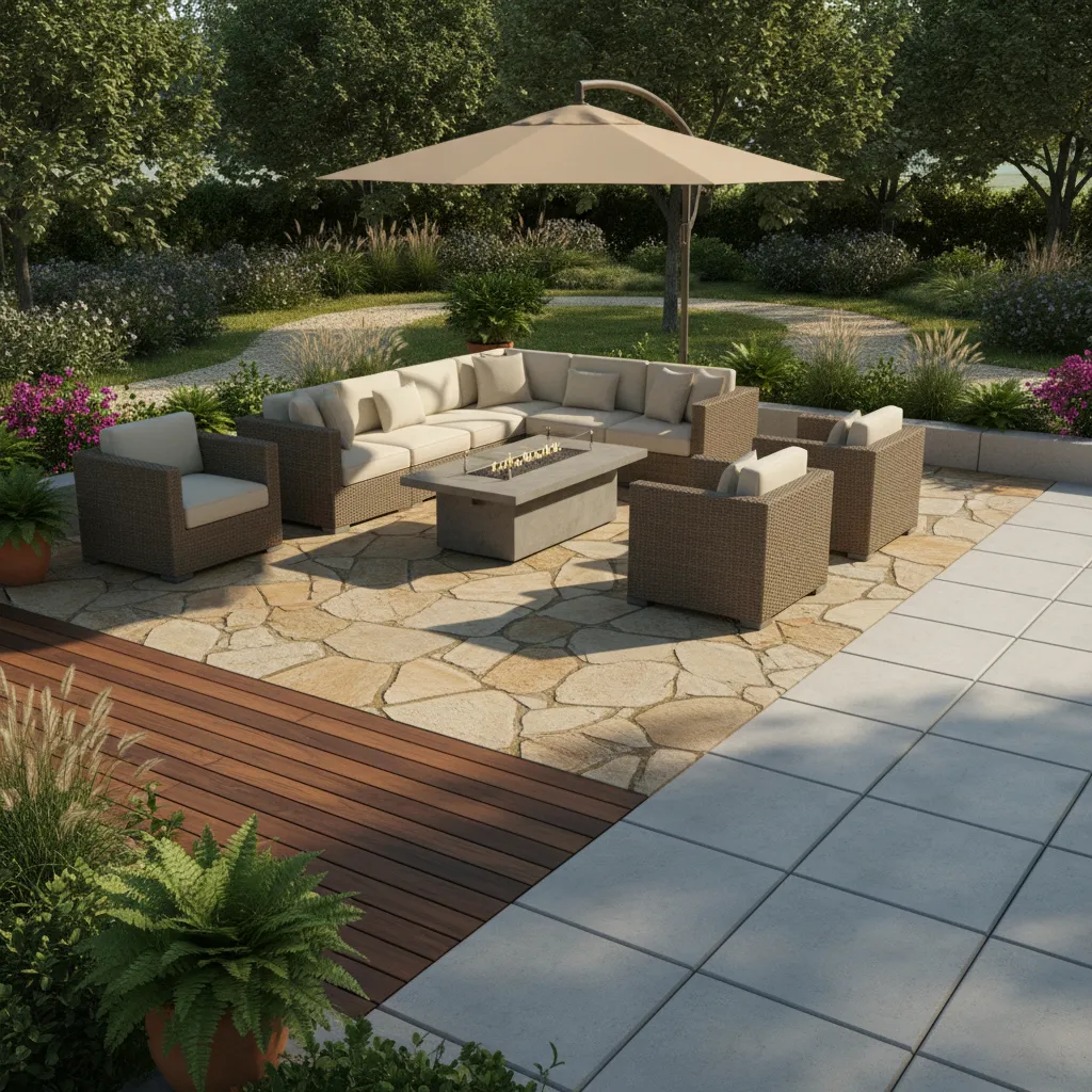 3D visualization comparing patio materials like pavers and decking