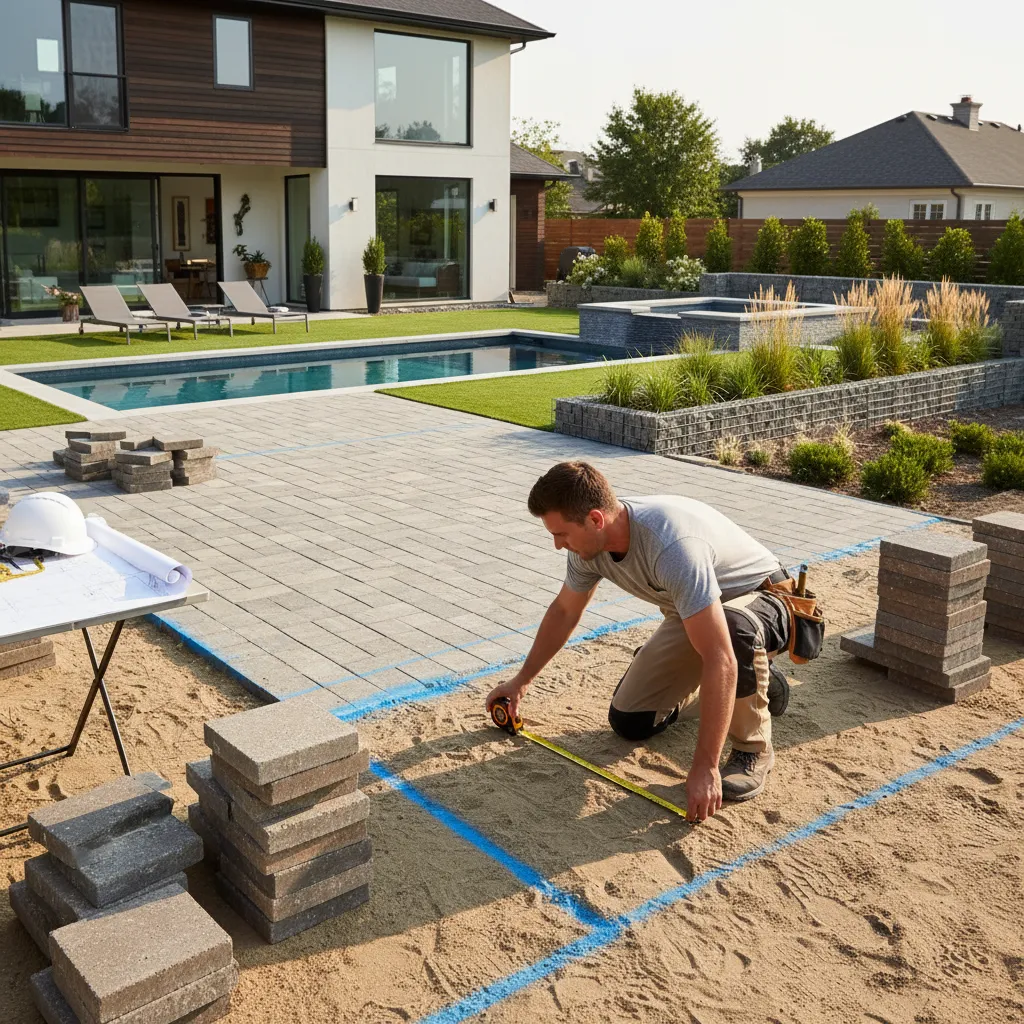 Measuring patio layout dimensions with tape and planning sketch