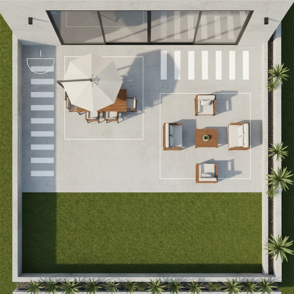 patio layout planning diagram showing spacing and door clearance