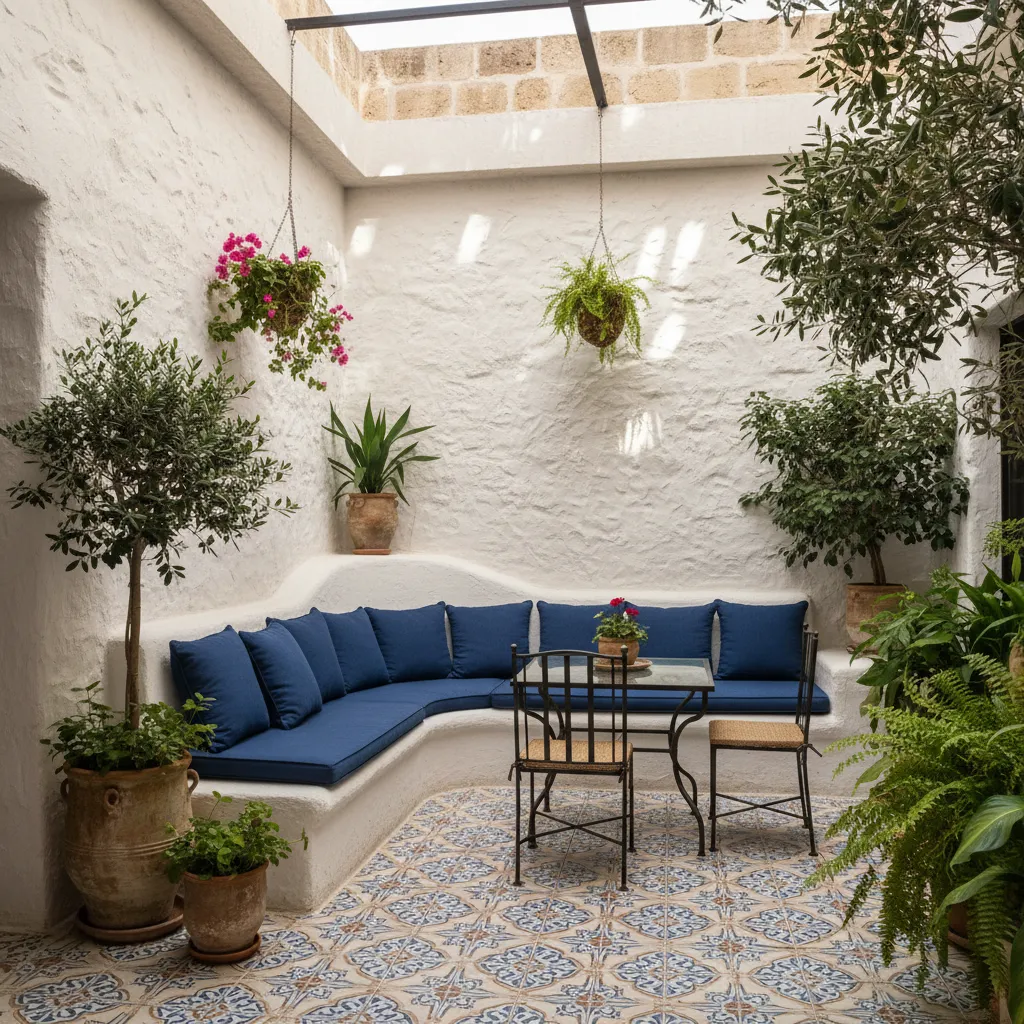 Patio interior estilo mediterráneo con banco blanco y cojines azules