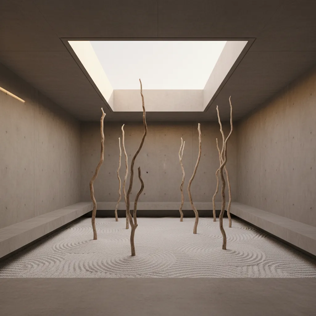Interior modern room with skylight above tall dry branches standing in white raked sand floor