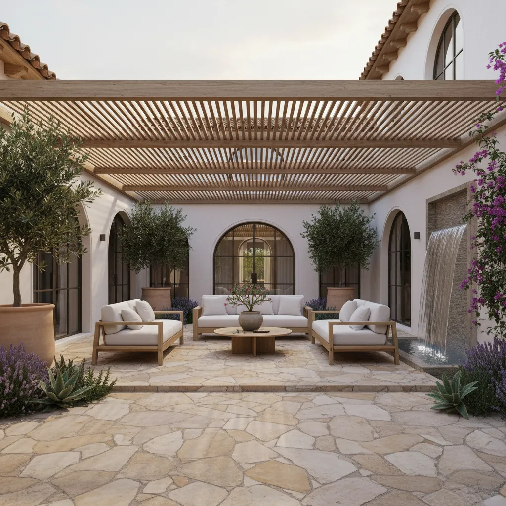 Patio moderno con sombra natural y zona de descanso
