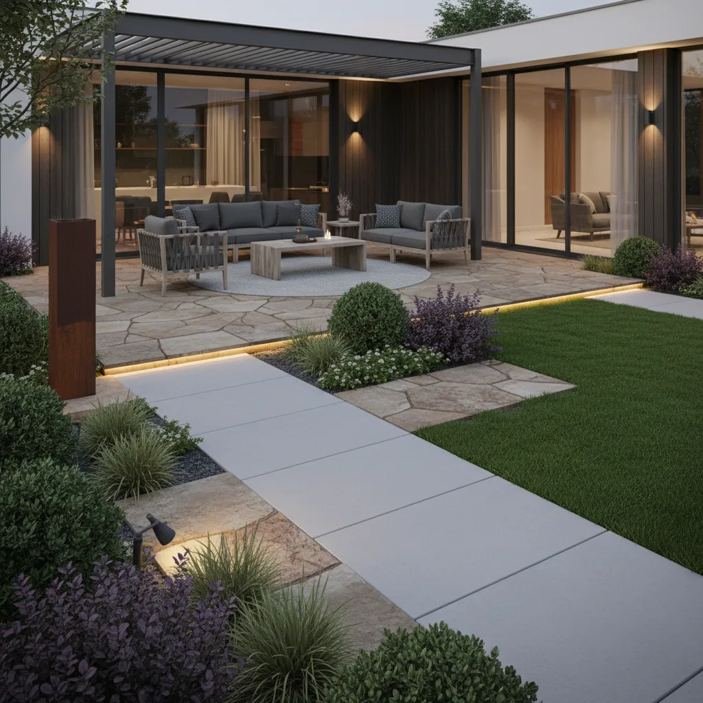 stone patio with pathway and structured landscaping improving backyard usability