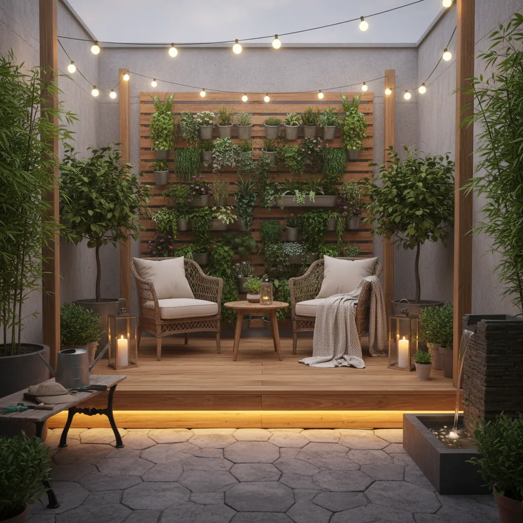 Pequeño patio urbano con vegetación vertical y terraza