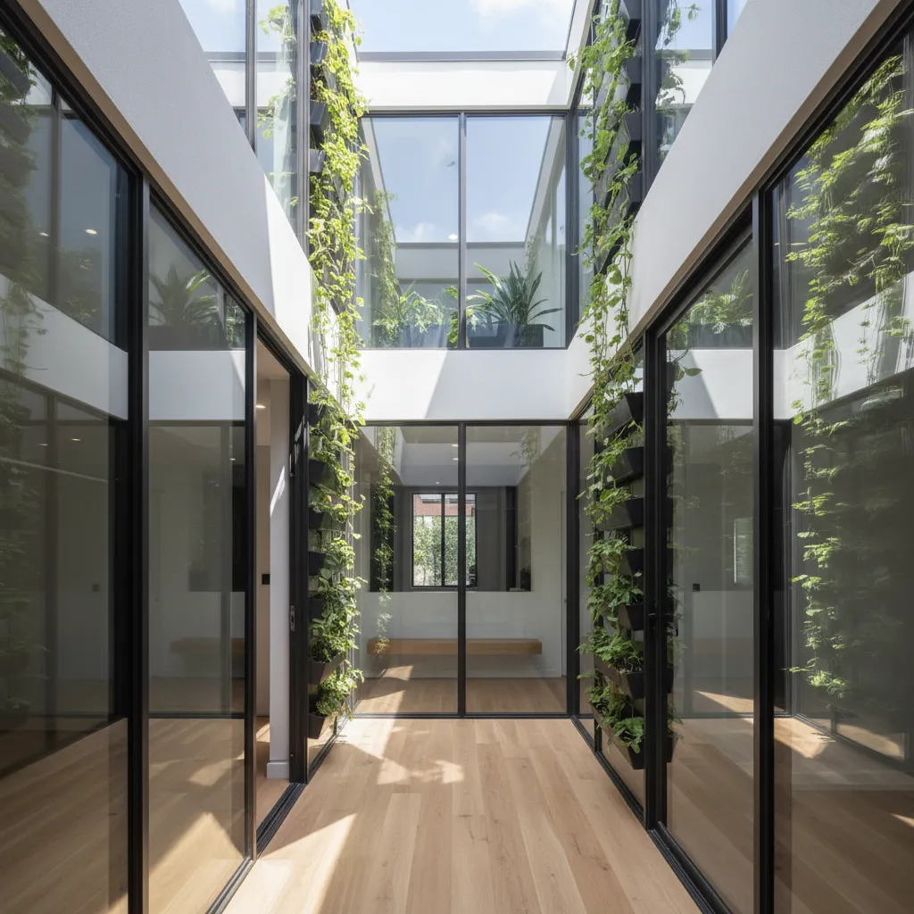 Pequeño patio interior con plantas en una casa urbana estrecha