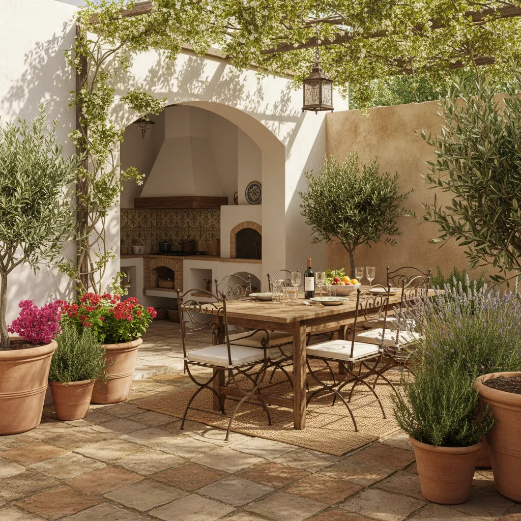 Pequeño patio junto a la cocina con mesa de comedor exterior