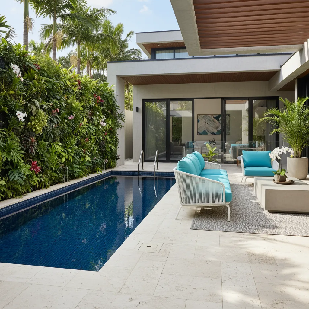 Patio pequeño con piscina compacta y vegetación vertical