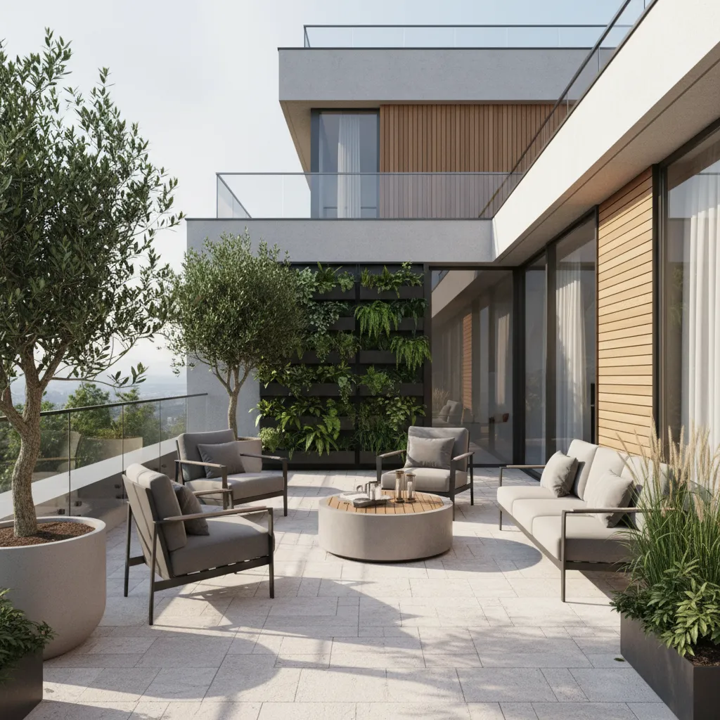 Exterior moderno de casa pequeña con terraza compacta y vegetación