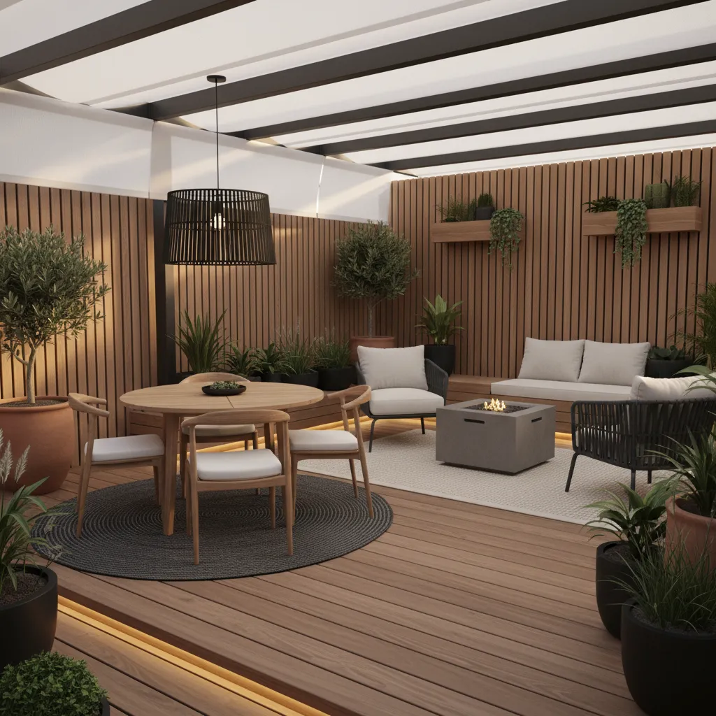 Patio pequeño con zonas definidas para comer y descansar