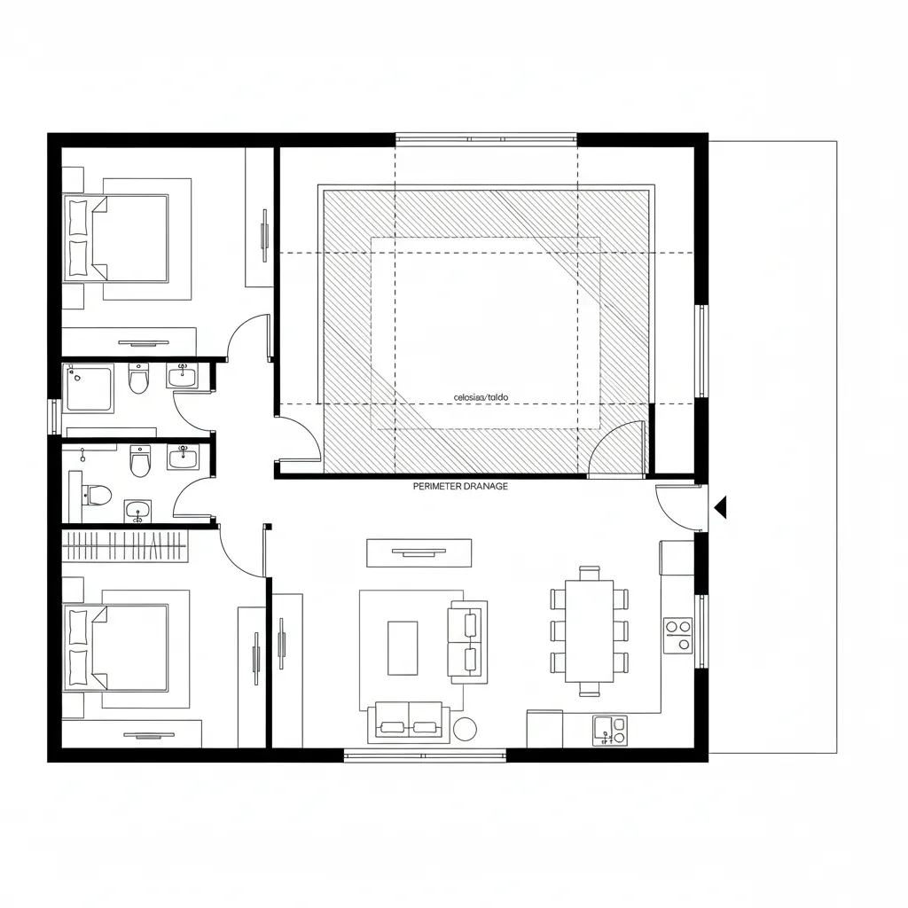 Top-down plan with central courtyard and active perimeter layout