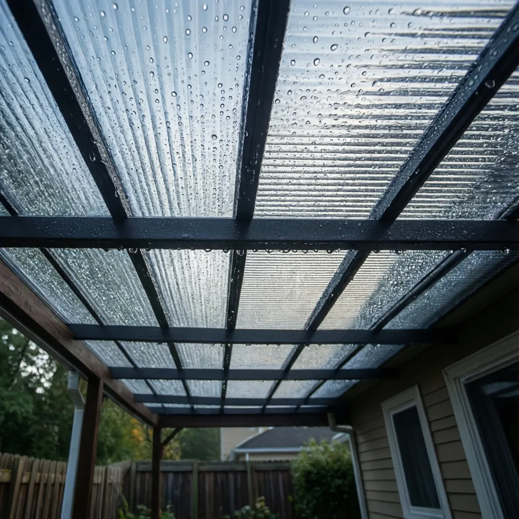 Condensation droplets forming underneath clear patio roof panels