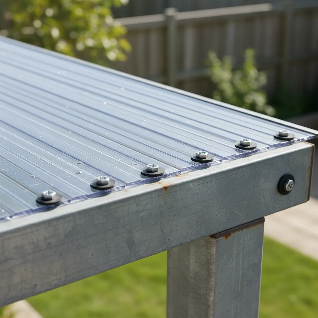 Close-up of screw fasteners with rubber washers on clear patio roof panels