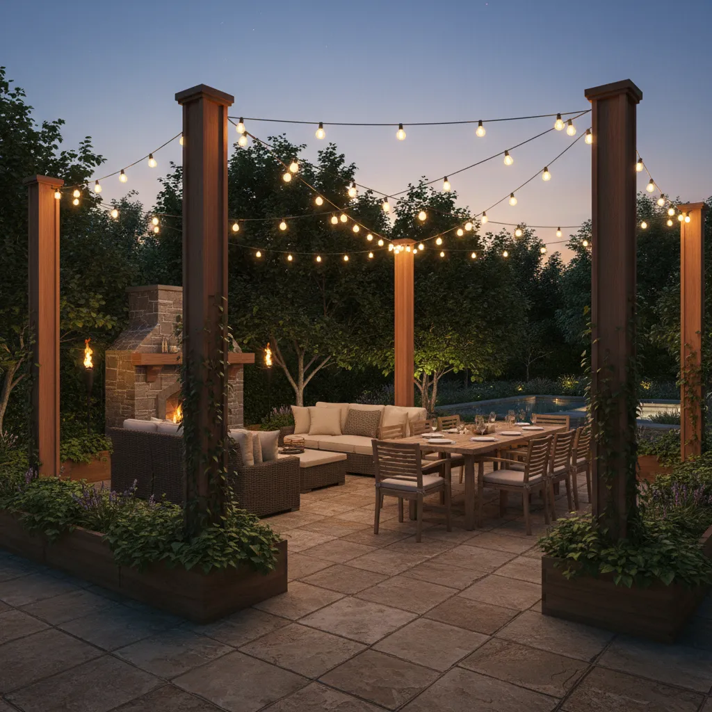 Backyard patio with bistro lights arranged across seating area