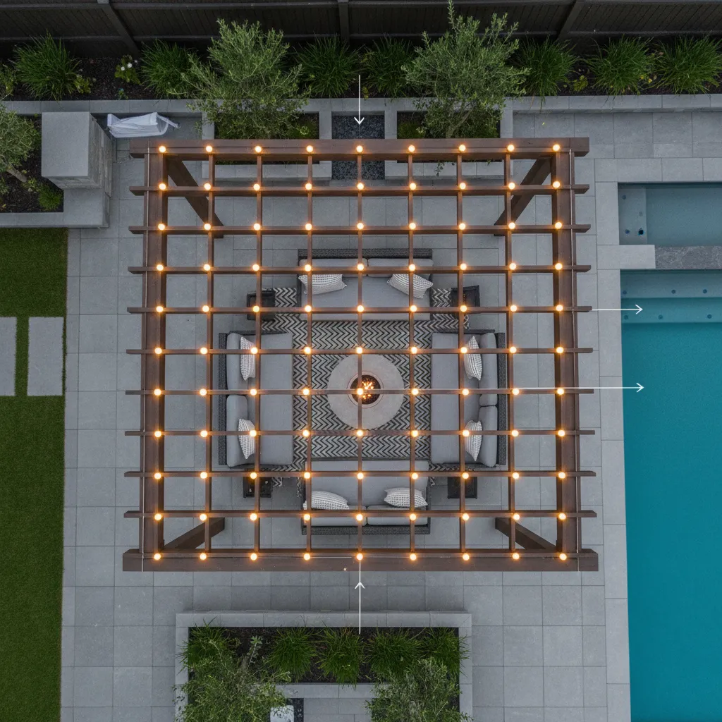Patio layout showing spacing of outdoor string lights above seating area