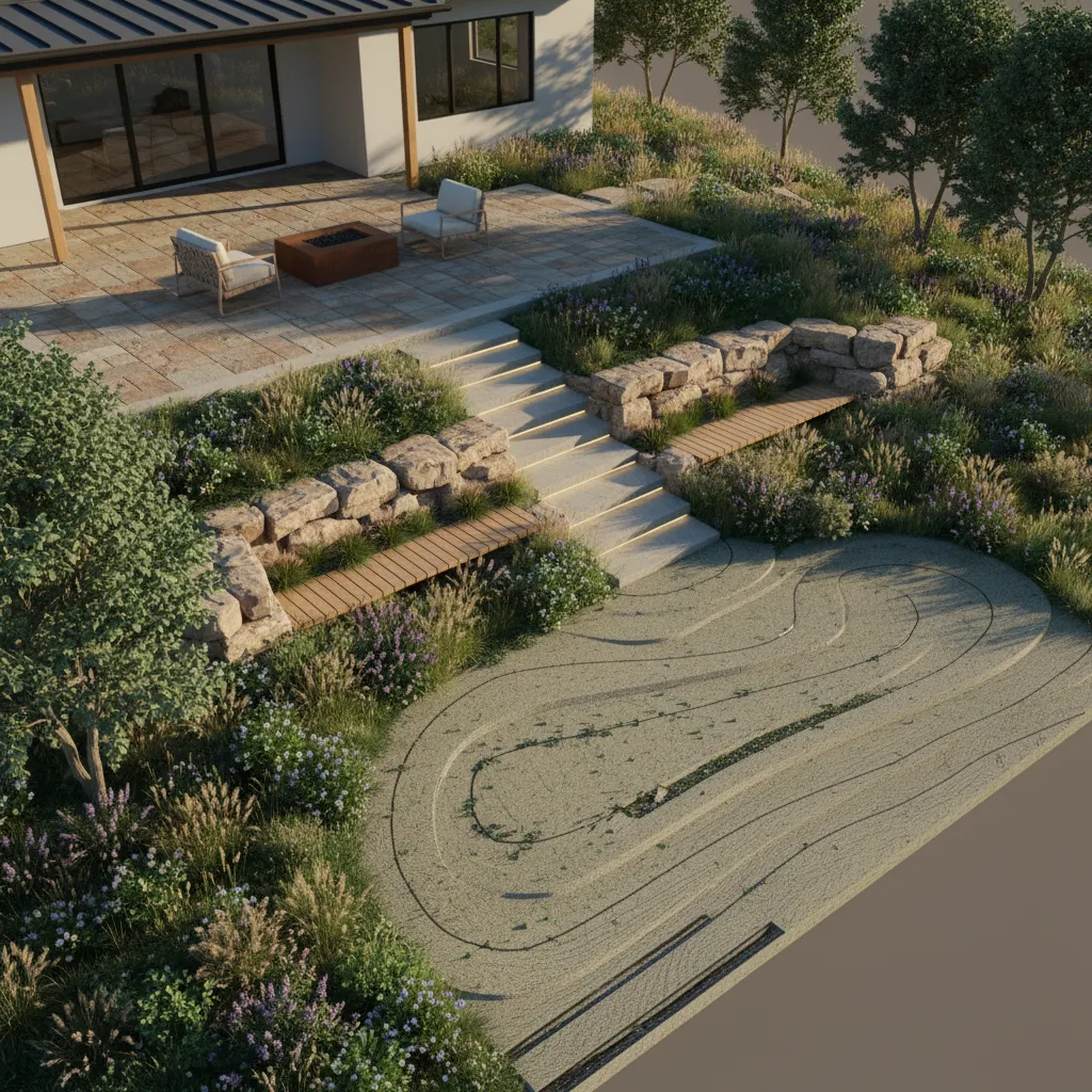 3D landscape terrain model showing slope and patio drainage direction