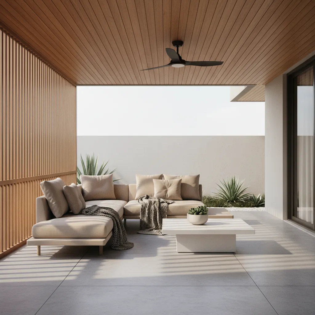 modern patio with minimalist outdoor ceiling fan without light