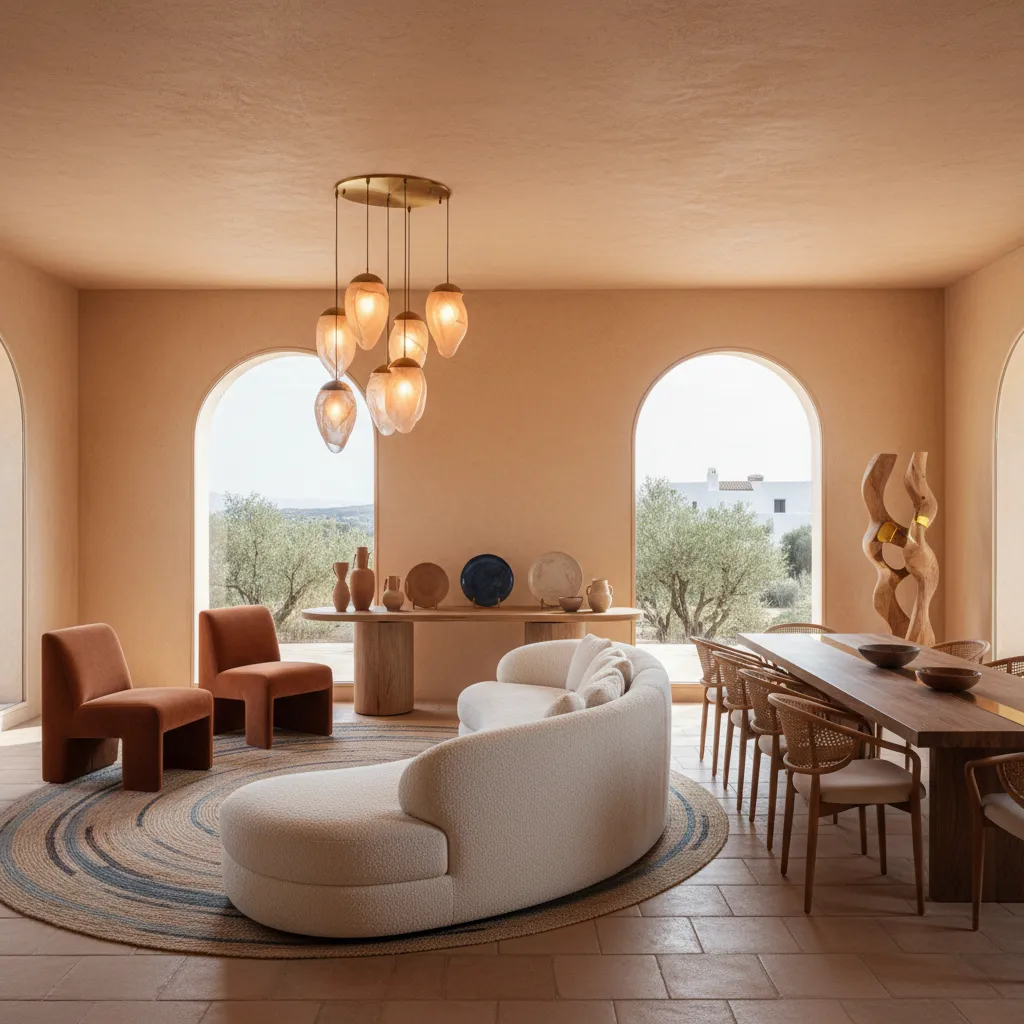 Arched windows in peach room with curved sofa, orange chairs, wooden table, and ceiling light