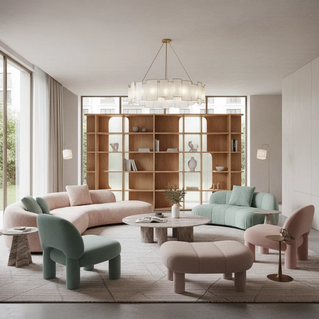 Interior contemporáneo inspirado en el estilo de Patricia Urquiola con colores suaves y texturas
