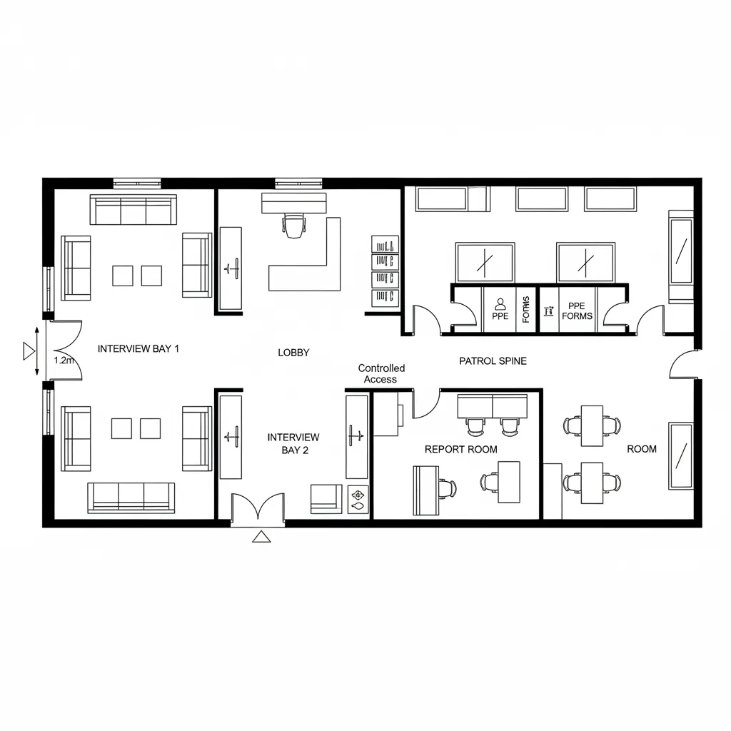 Top-down CAD plan of lobby, reception, interview bays, and patrol corridor