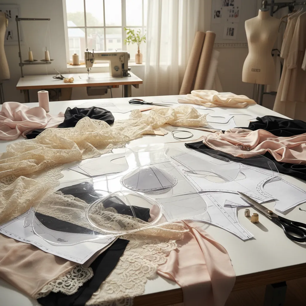 Patrones de diseño de ropa interior femenina sobre mesa de trabajo