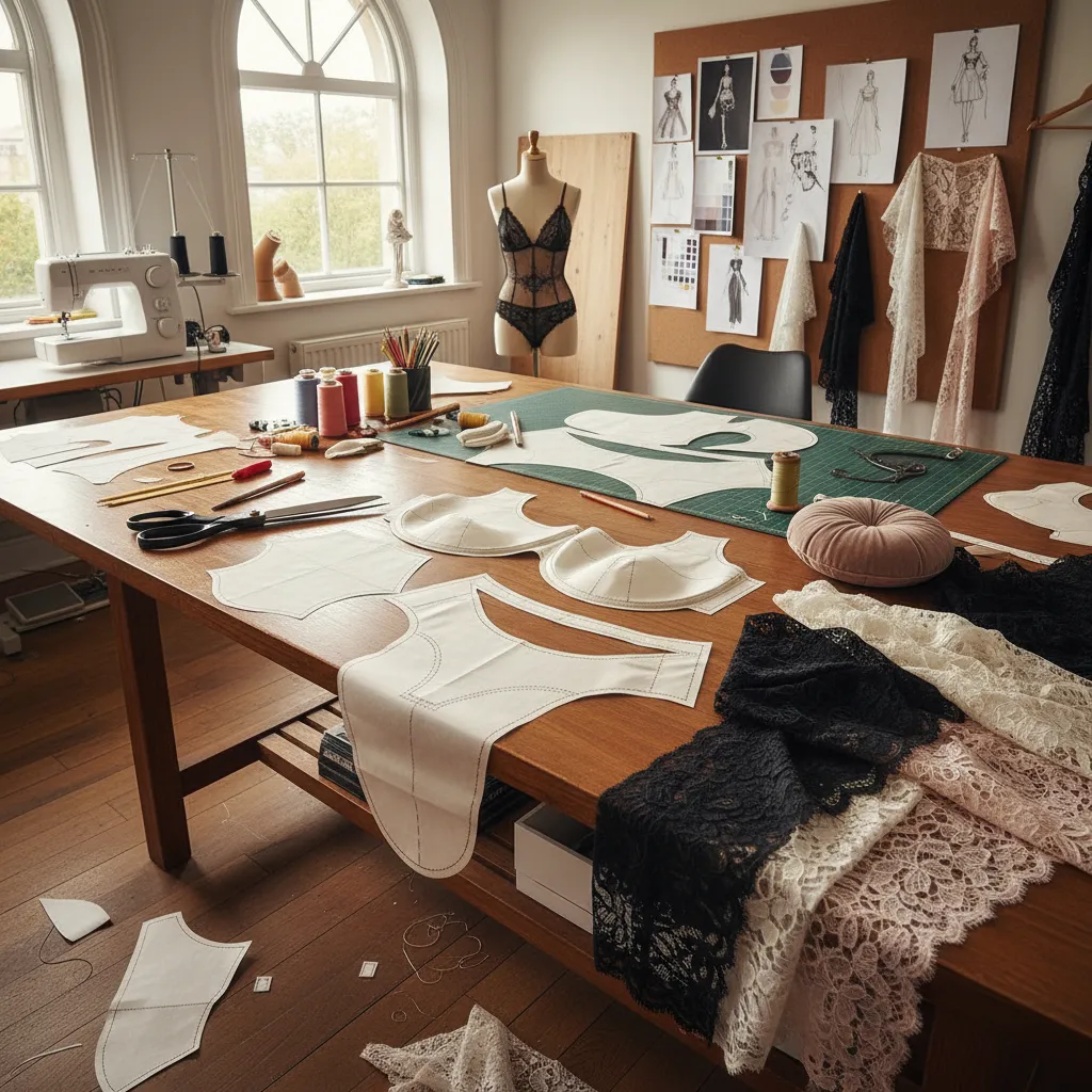 Patrones de diseño para lencería sobre mesa de trabajo