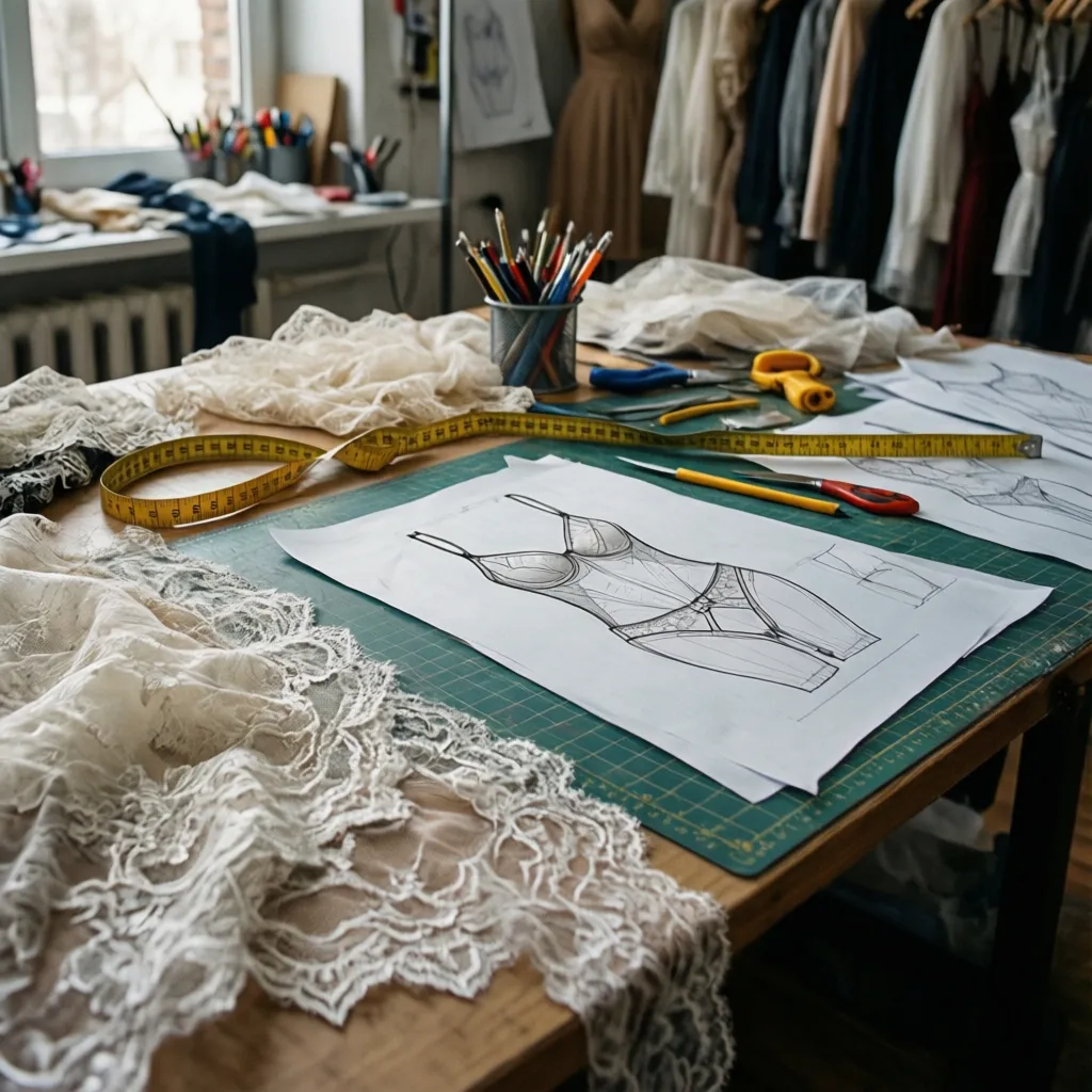 Patrones de ropa interior sobre mesa de trabajo con reglas y tela