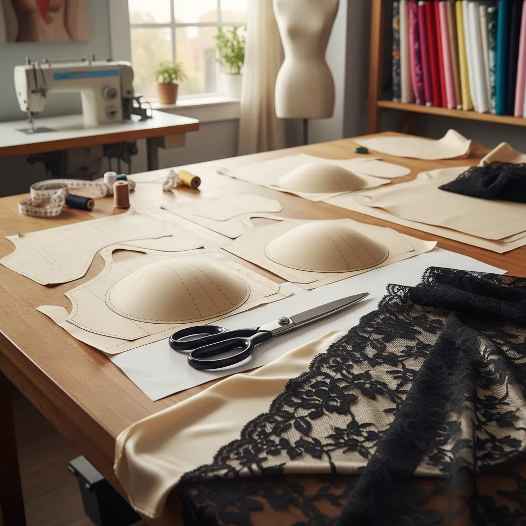 Sewing table showing bra patterns, foam cups, scissors, black lace fabric, and a sewing machine
