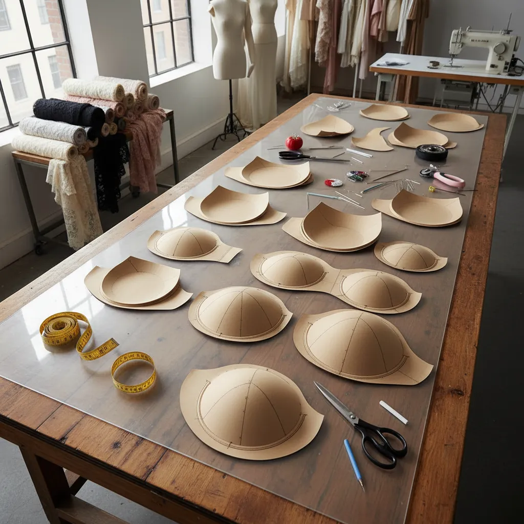 Patrones de sujetador y ropa interior sobre mesa de trabajo