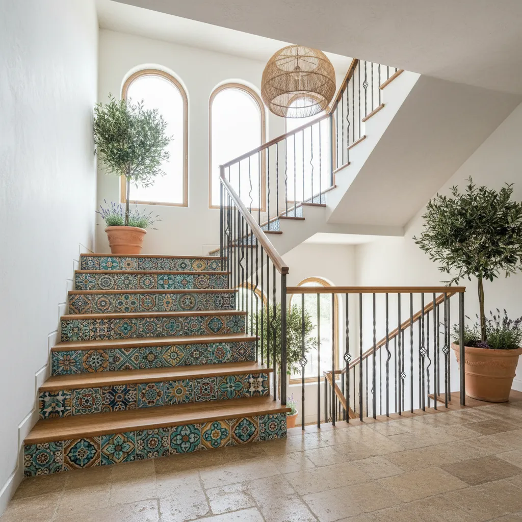 Escalera con contrahuellas decoradas con patrón geométrico