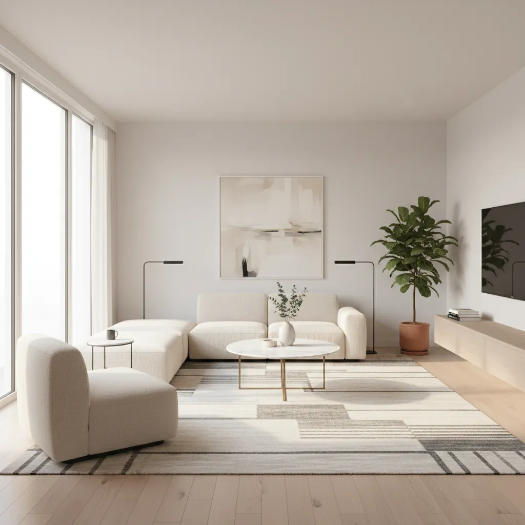 small living room with large scale patterned rug making space appear wider