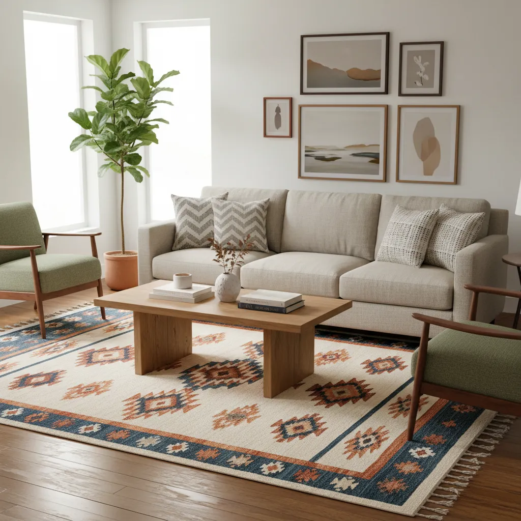 living room example showing large pattern rug with smaller patterned pillows