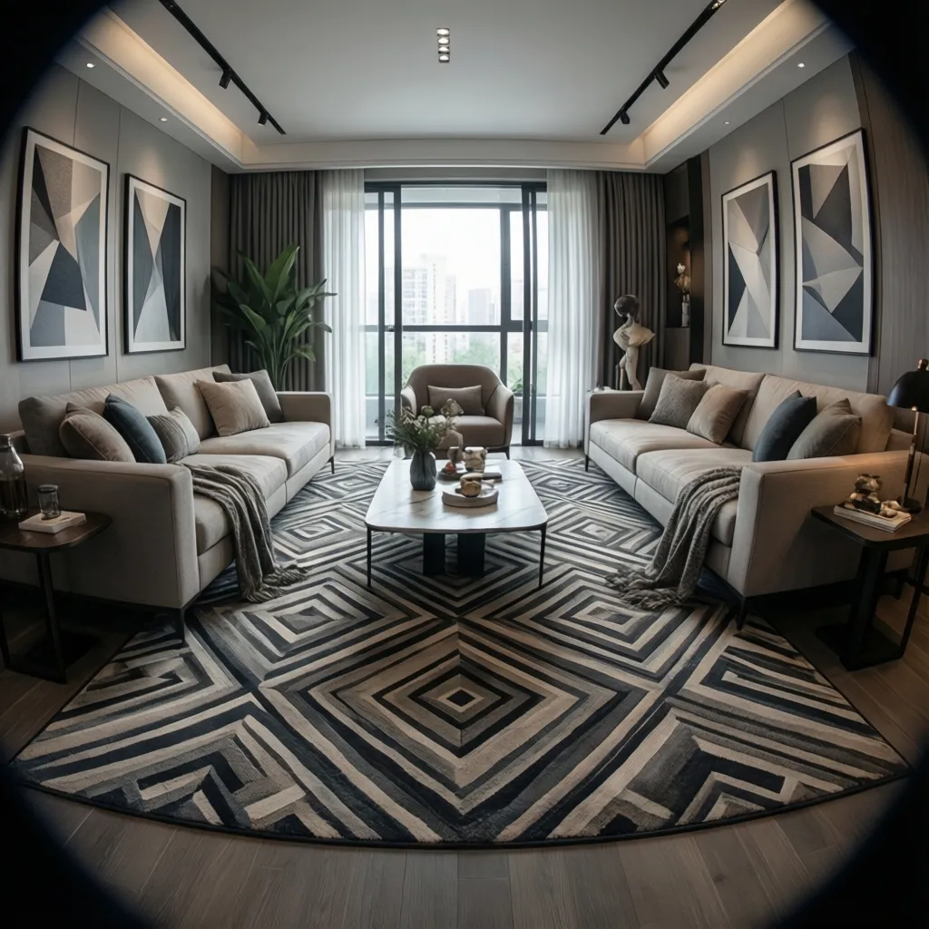 Modern living room with patterned 5x8 rug and coffee table