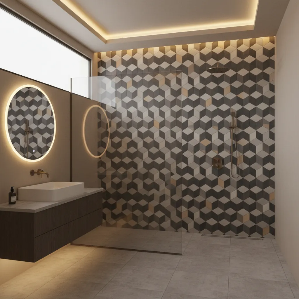 Bathroom feature wall with patterned tiles