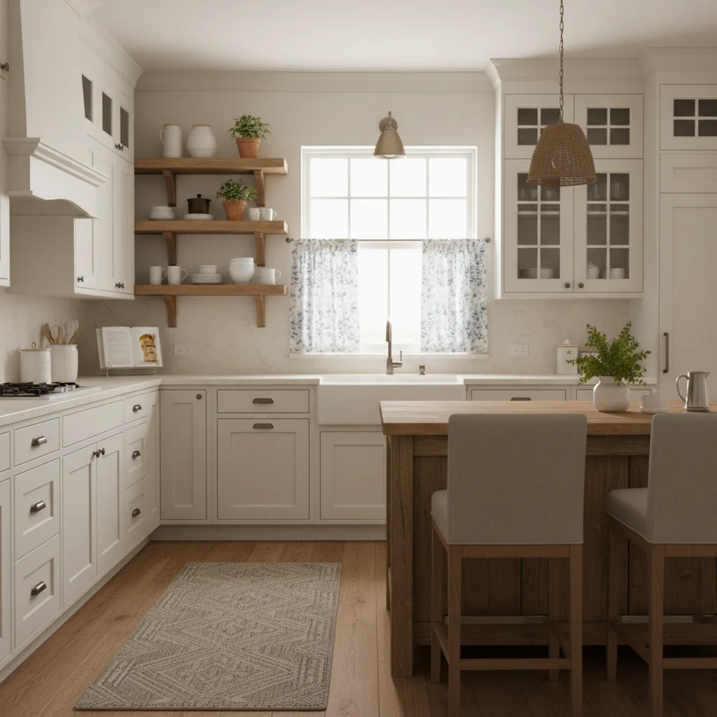 small farmhouse kitchen window above sink with subtle patterned cafe curtains
