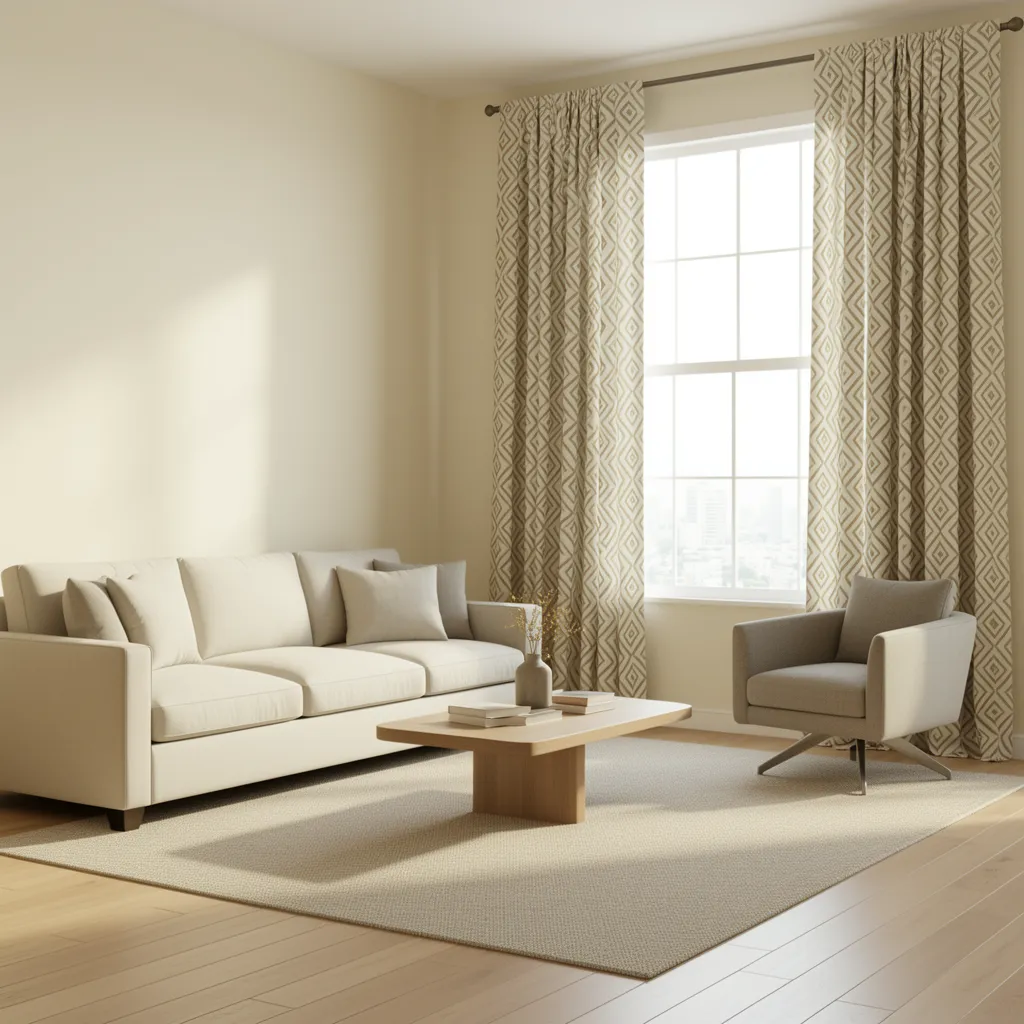 bold patterned curtains dominating a cream wall living room interior