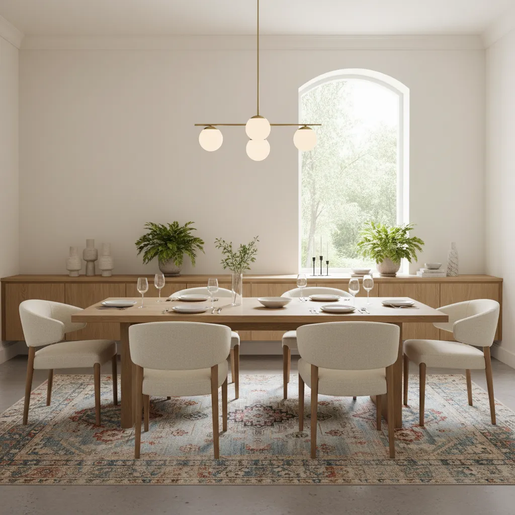 patterned wool rug styling in a contemporary dining room