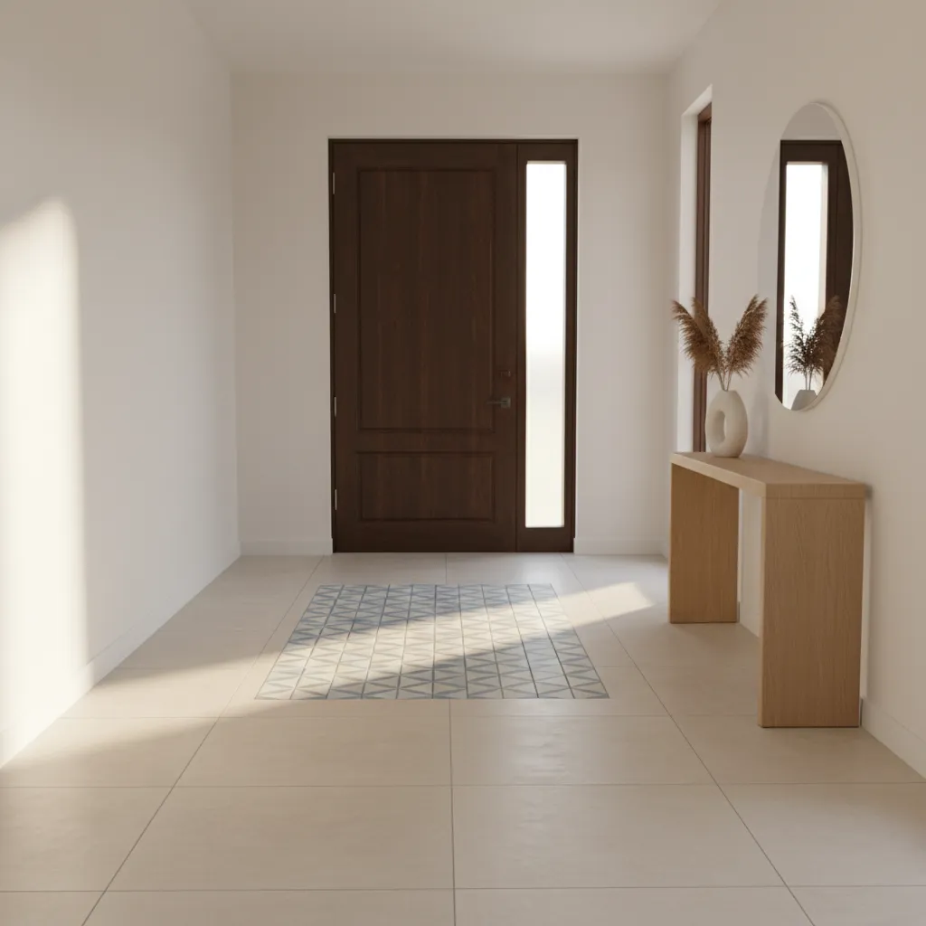 Entry hall with patterned tile zone near the door and neutral tiles beyond
