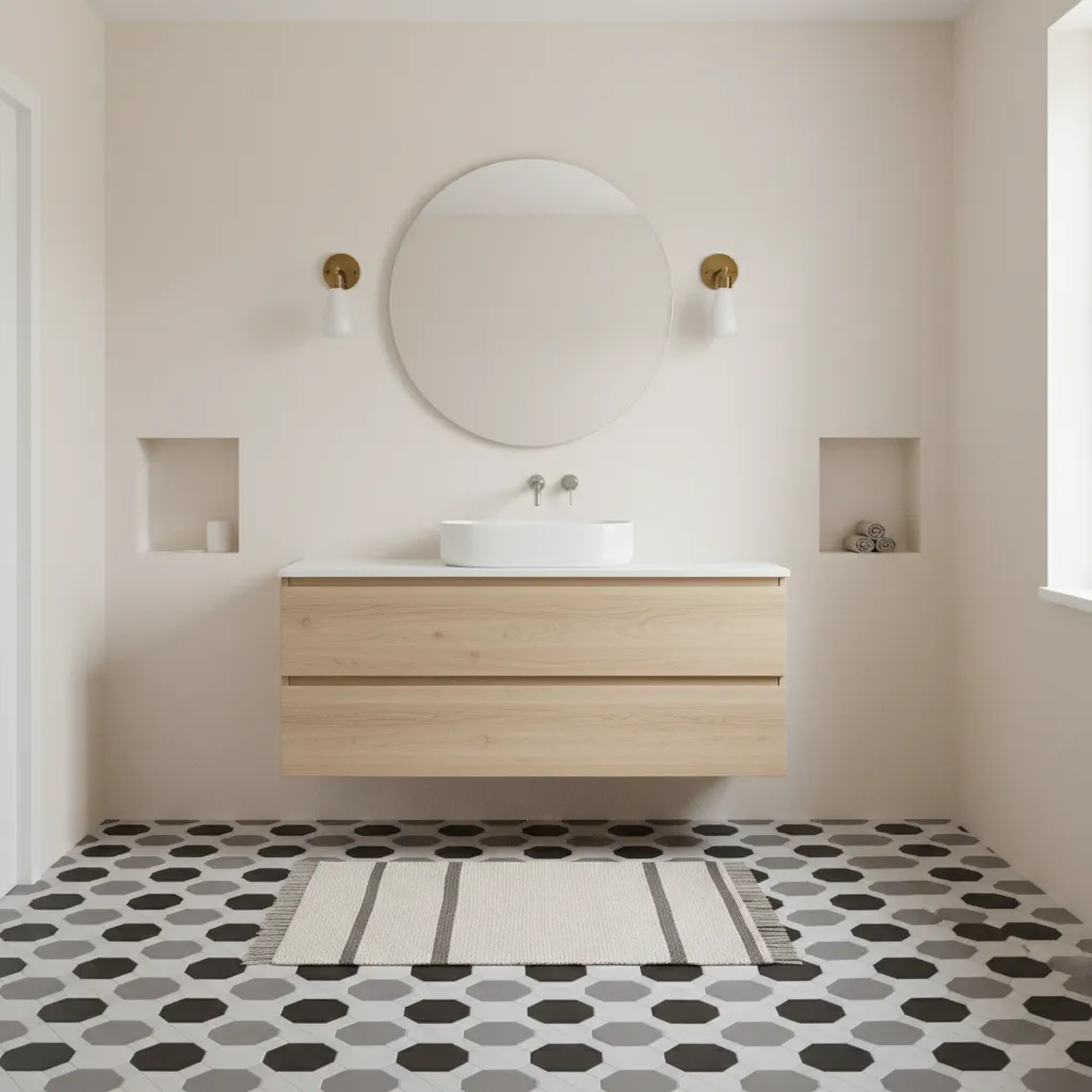 Bathroom with patterned floor tile and simple neutral painted walls