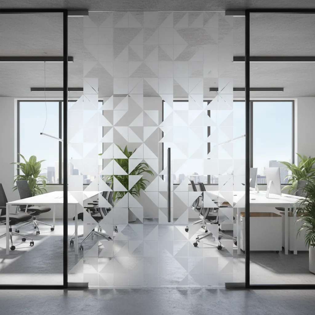 Patterned frosted glass film with geometric shapes on office door