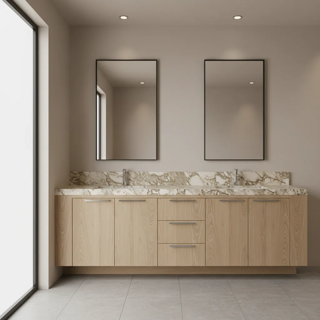 bathroom vanity featuring patterned granite countertop with natural veining