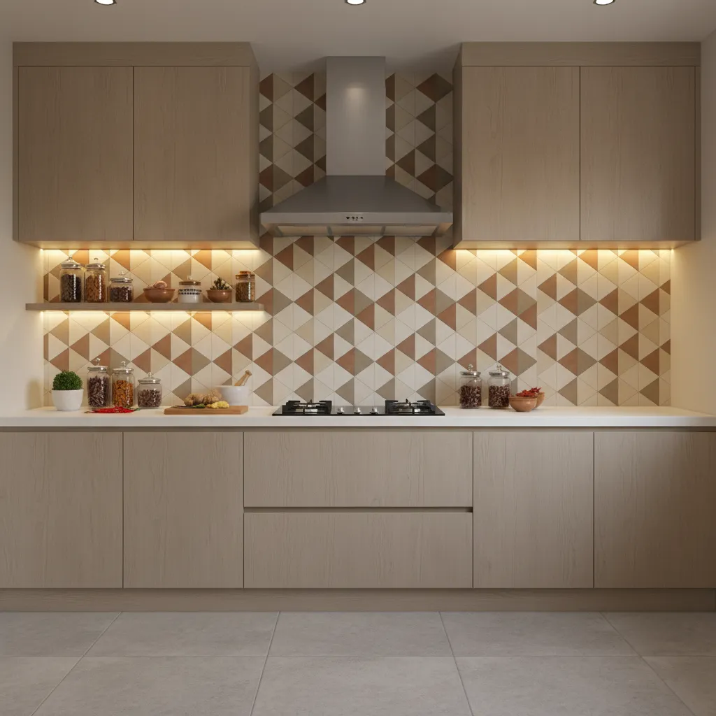 Indian kitchen with geometric patterned backsplash tiles behind cooking range