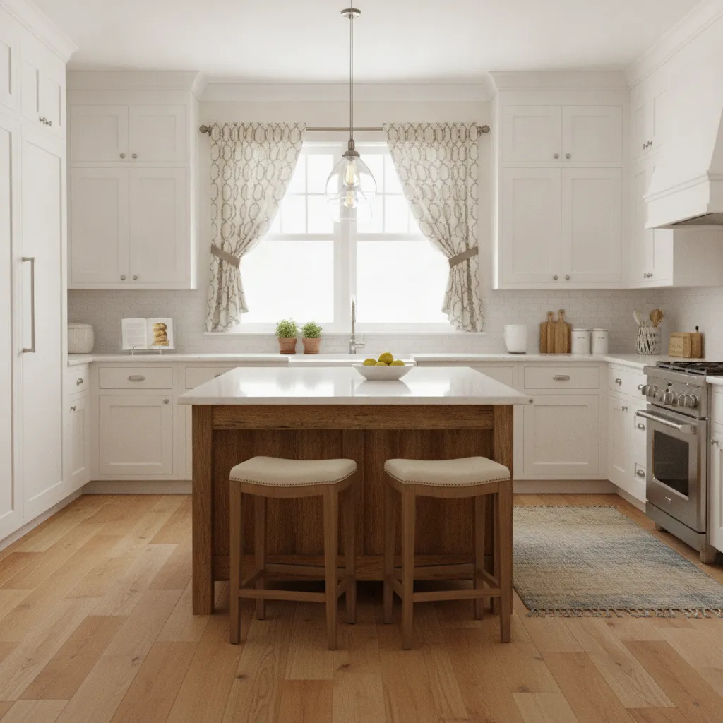 patterned cafe curtains in bright kitchen with white cabinets