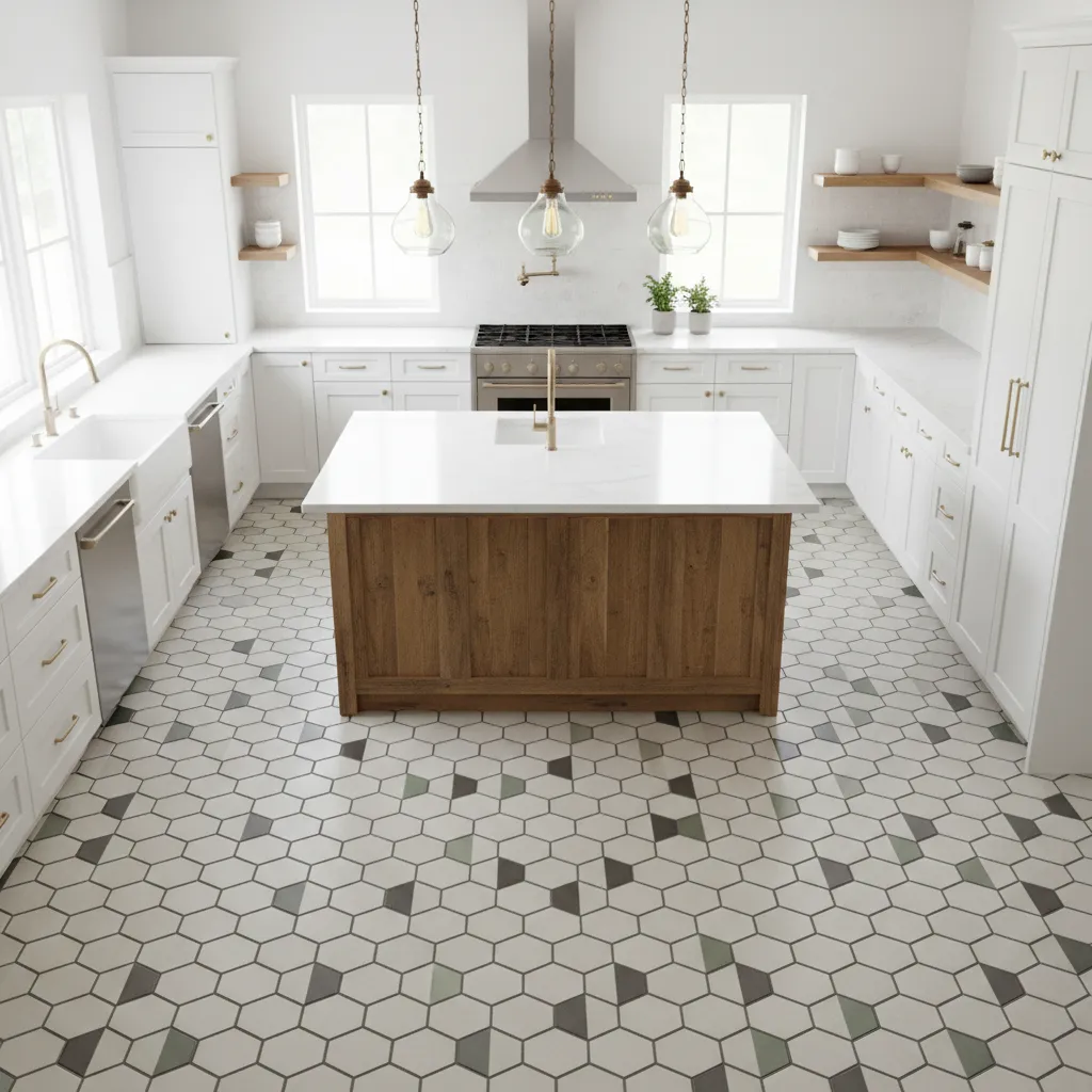 Patterned kitchen floor tile paired with white cabinets