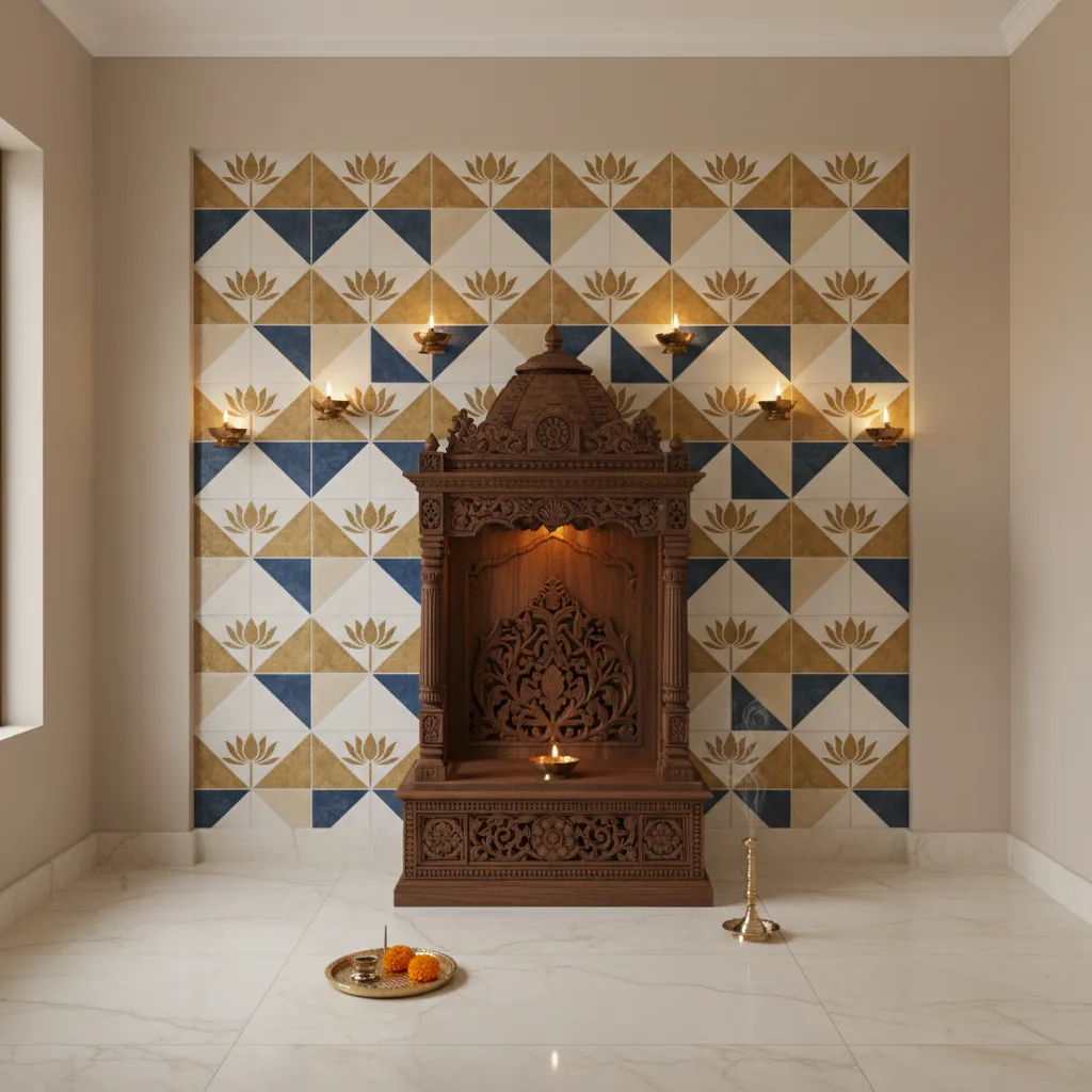 Pooja room with decorative patterned tile panel behind idol