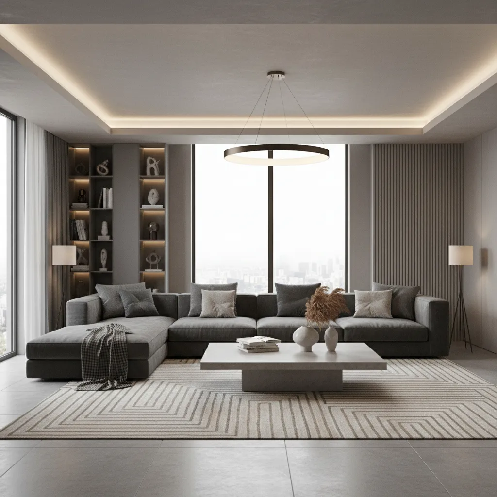 Patterned rug under dark grey sofa adding texture to modern living room