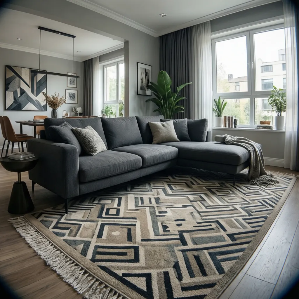 Patterned neutral rug bringing contrast into a dark grey living room