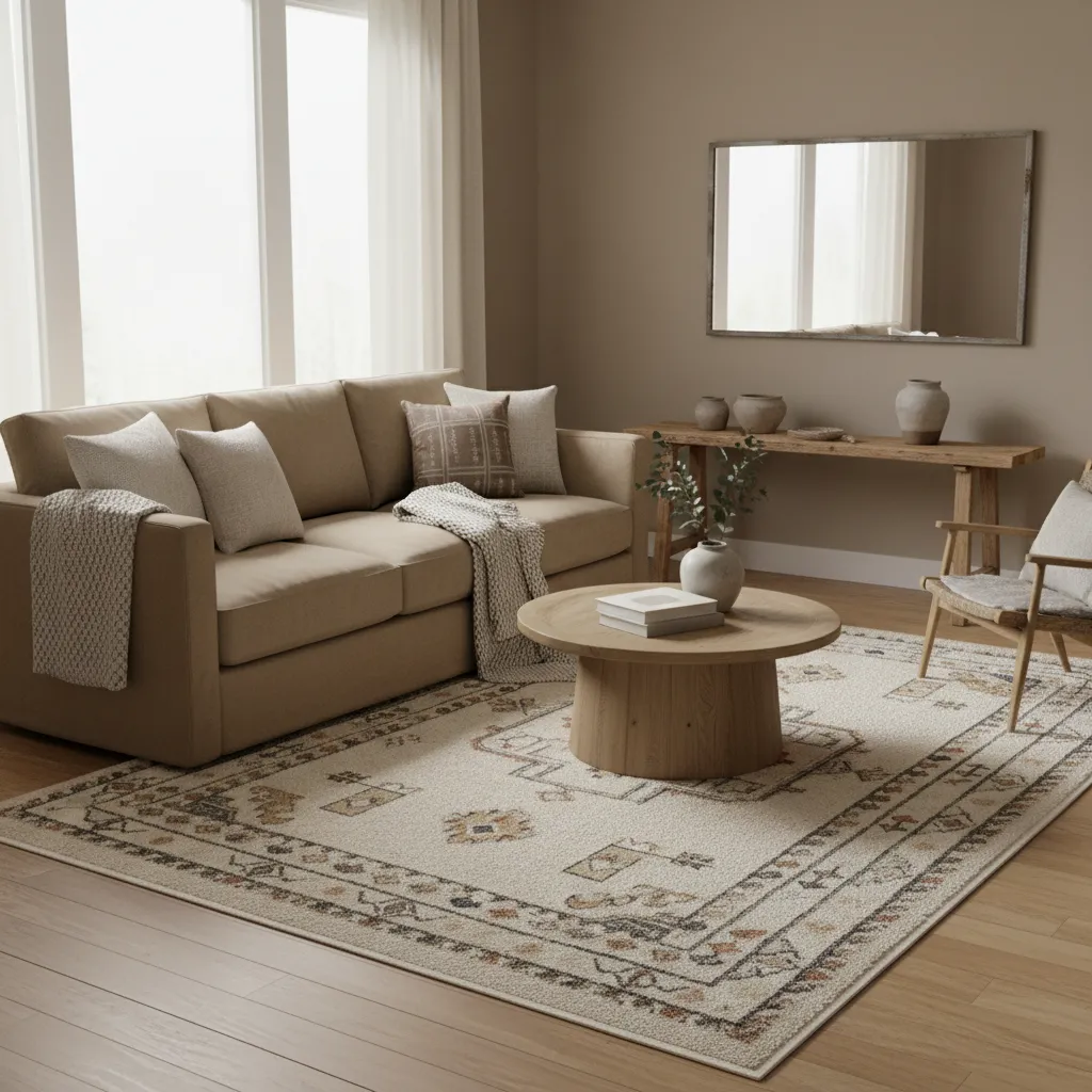 Patterned rug adding interest to neutral living room with tan couch