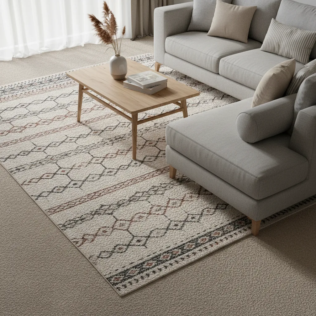 textured patterned rug layered over beige carpet with coffee table