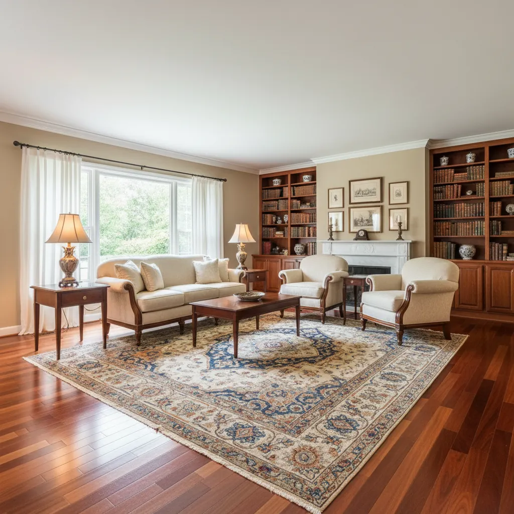 Traditional living room with patterned rug on cherry wood floor white sofa fireplace and bookshelves