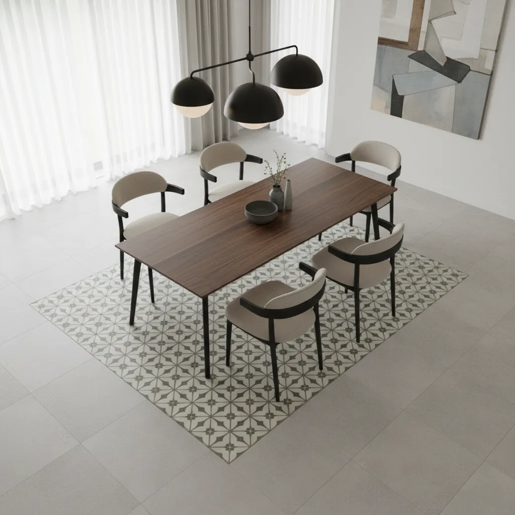 patterned tile area defining dining table zone